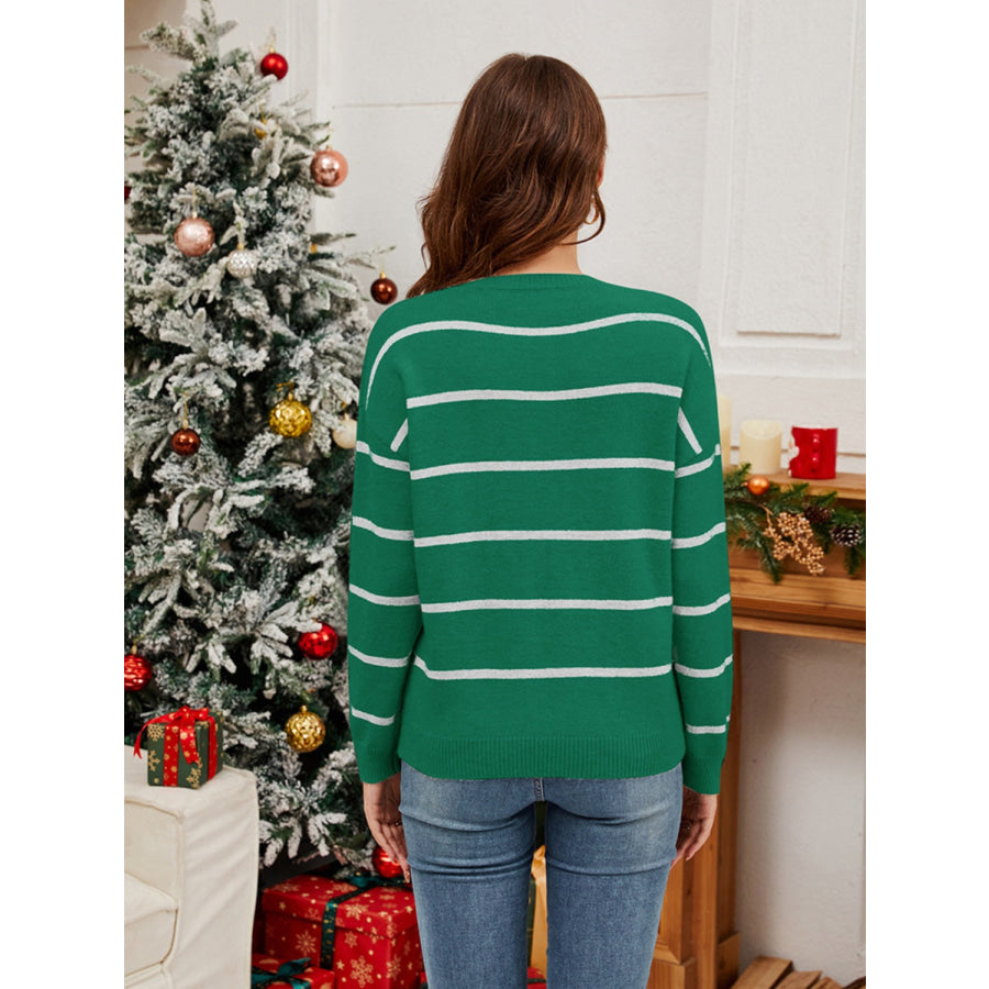 Sequin Santa Striped Round Neck Long Sleeve Sweater Apparel and Accessories