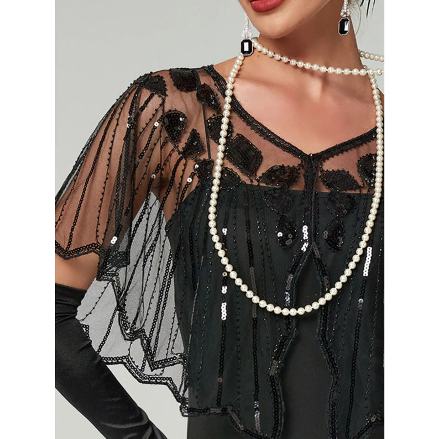 Sequin Sheer Capelet Outerwear Black / One Size Apparel and Accessories