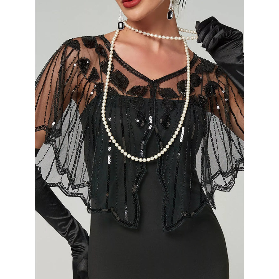 Sequin Sheer Capelet Outerwear Black / One Size Apparel and Accessories