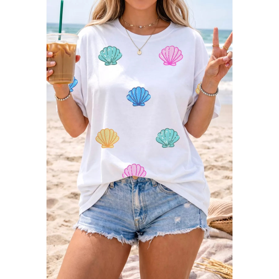 Sequin Shell Graphic Summer Loose T Shirt Apparel and Accessories