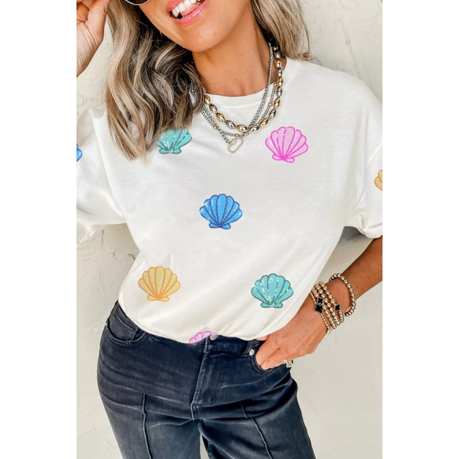 Sequin Shell Graphic Summer Loose T Shirt Apparel and Accessories