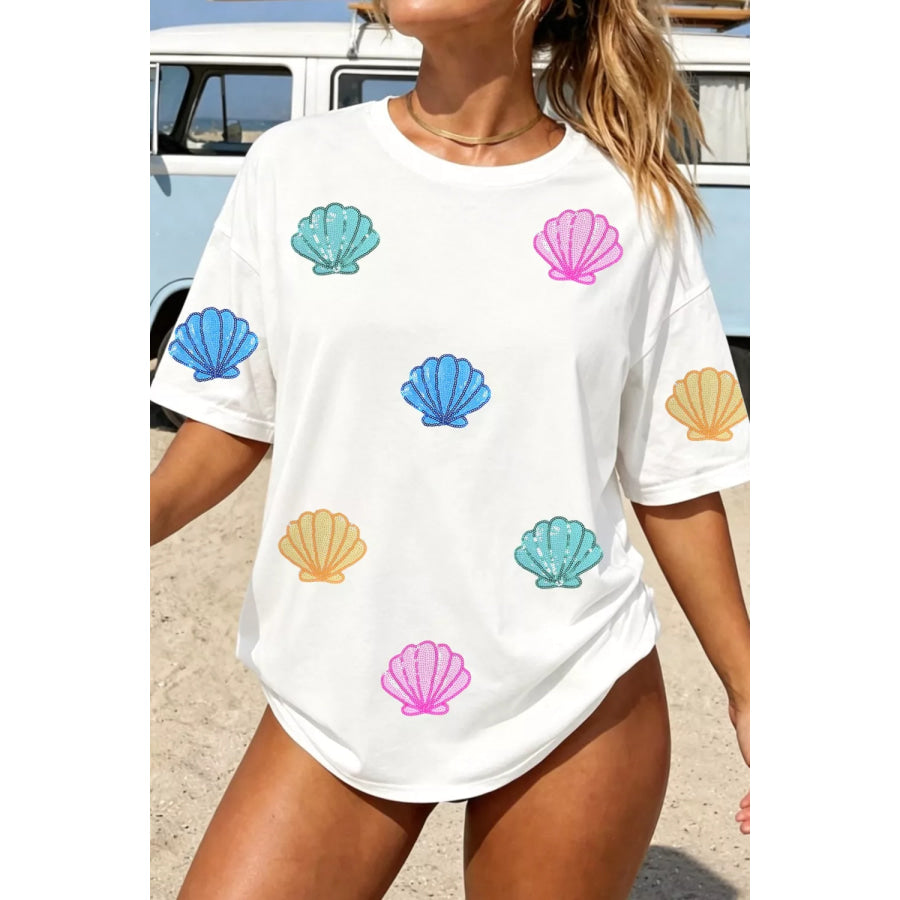 Sequin Shell Graphic Summer Loose T Shirt Apparel and Accessories