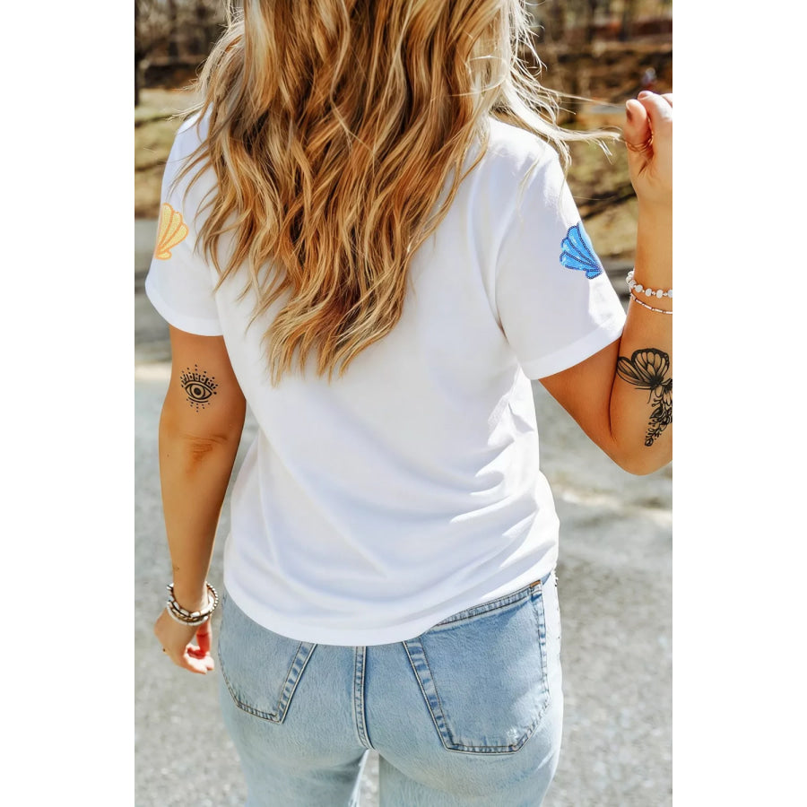 Sequin Shell Graphic Summer Loose T Shirt Apparel and Accessories