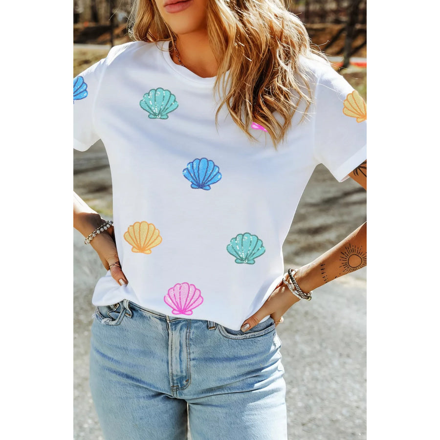 Sequin Shell Graphic Summer Loose T Shirt White / S Apparel and Accessories