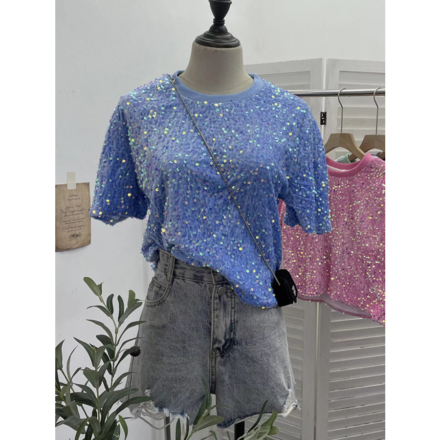 Sequin Short Sleeve T-Shirt Blue / One Size Apparel and Accessories