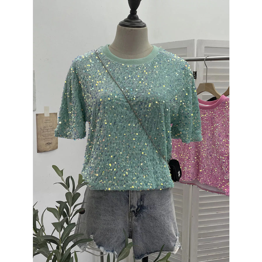 Sequin Short Sleeve T-Shirt Green / One Size Apparel and Accessories