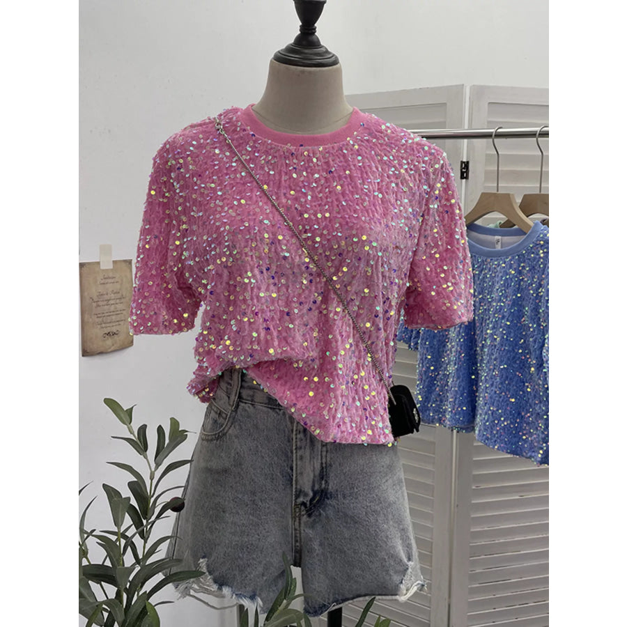 Sequin Short Sleeve T-Shirt Pink / One Size Apparel and Accessories