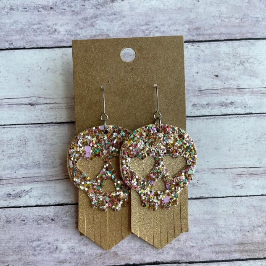 Sequin Skull Dangle PU Leather Earrings Gold / One Size Apparel and Accessories