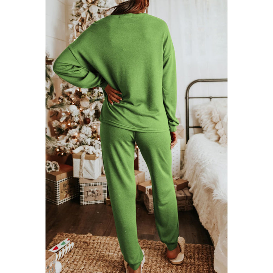 Sequin Socks Round Neck Long Sleeve Top and Pants Lounge Set Matcha Green / S Apparel and Accessories