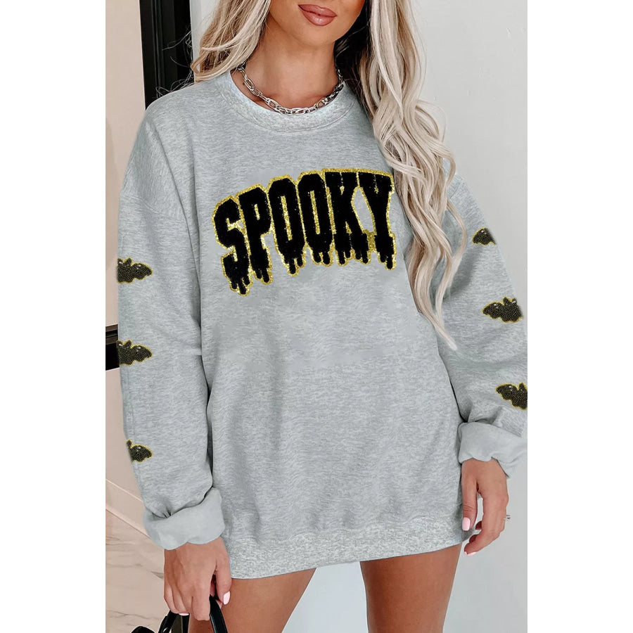 Sequin SPOOKY Halloween Bat Embellished Sleeve Pullover Sweatshirt Gray / S Apparel and Accessories