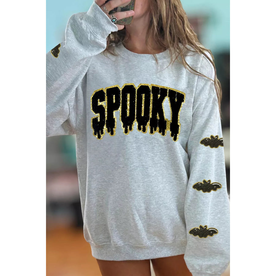 Sequin SPOOKY Halloween Bat Embellished Sleeve Pullover Sweatshirt Apparel and Accessories