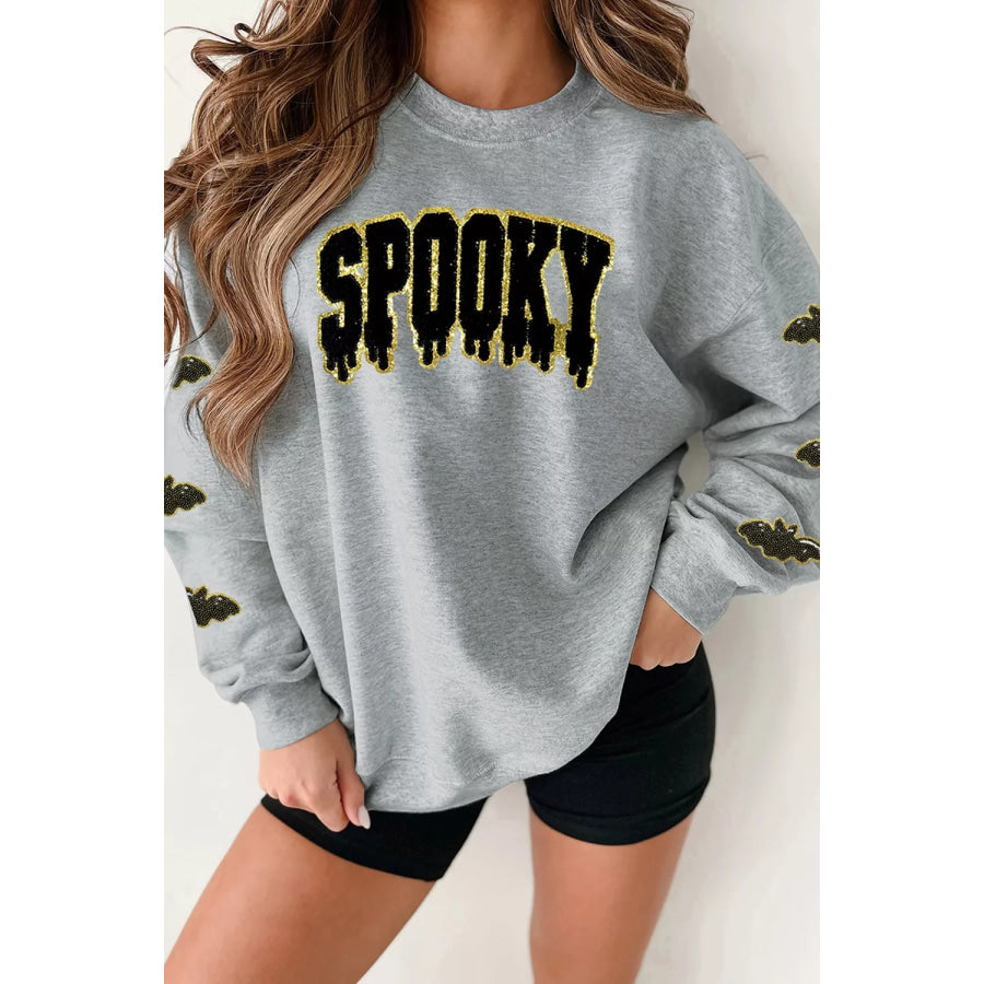Sequin SPOOKY Halloween Bat Embellished Sleeve Pullover Sweatshirt Gray / S Apparel and Accessories