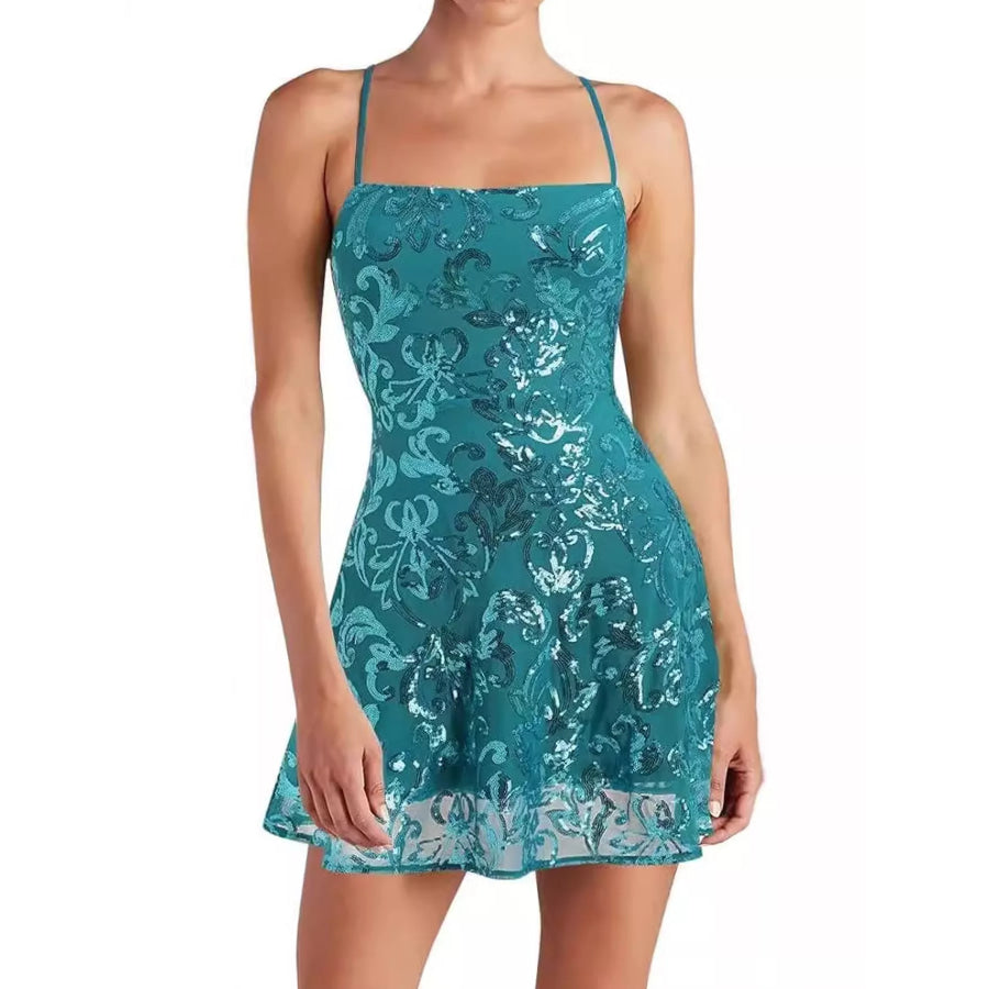 Sequin Square Neck Mini Dress Peacock Blue / XS Apparel and Accessories