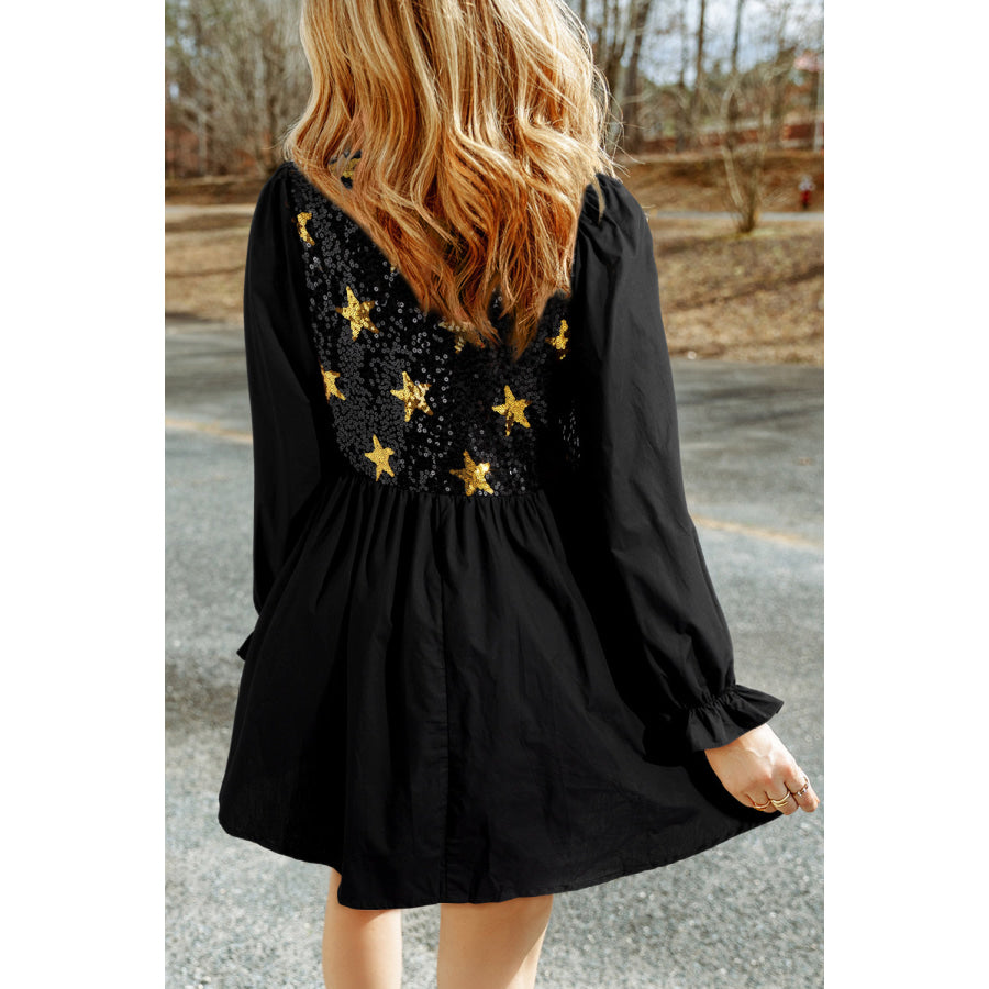 Sequin Star Round Neck Flounce Sleeve Mini Dress Apparel and Accessories