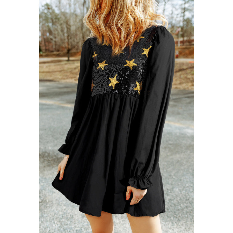 Sequin Star Round Neck Flounce Sleeve Mini Dress Apparel and Accessories