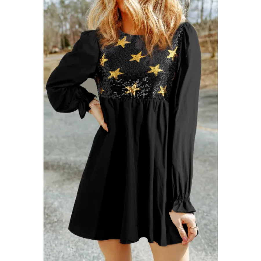 Sequin Star Round Neck Flounce Sleeve Mini Dress Black / M Apparel and Accessories