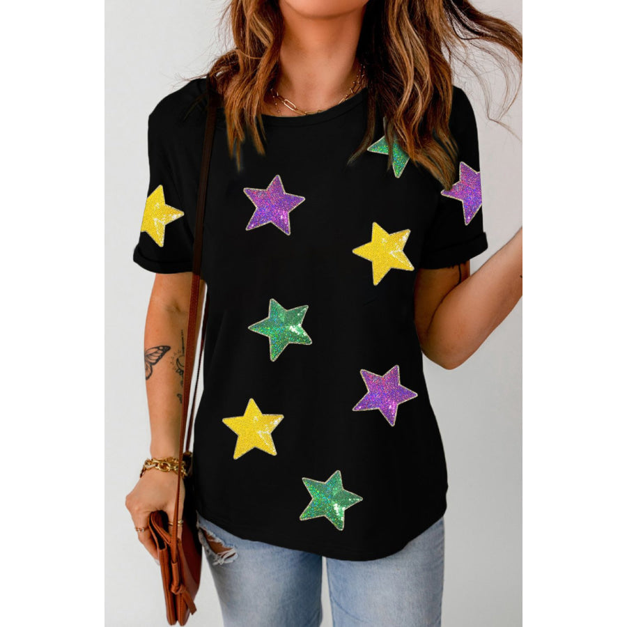 Sequin Stars Patched Round Neck T-Shirt Apparel and Accessories