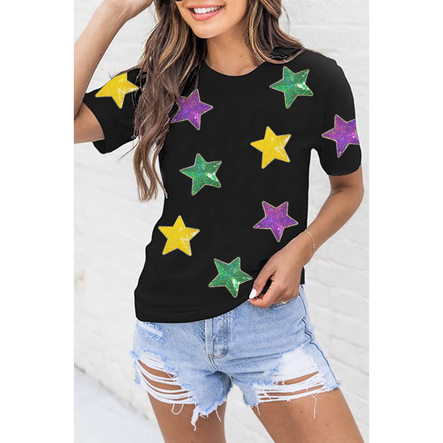 Sequin Stars Patched Round Neck T-Shirt Apparel and Accessories
