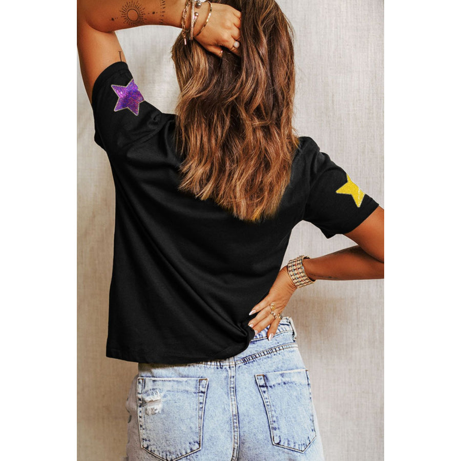 Sequin Stars Patched Round Neck T-Shirt Apparel and Accessories