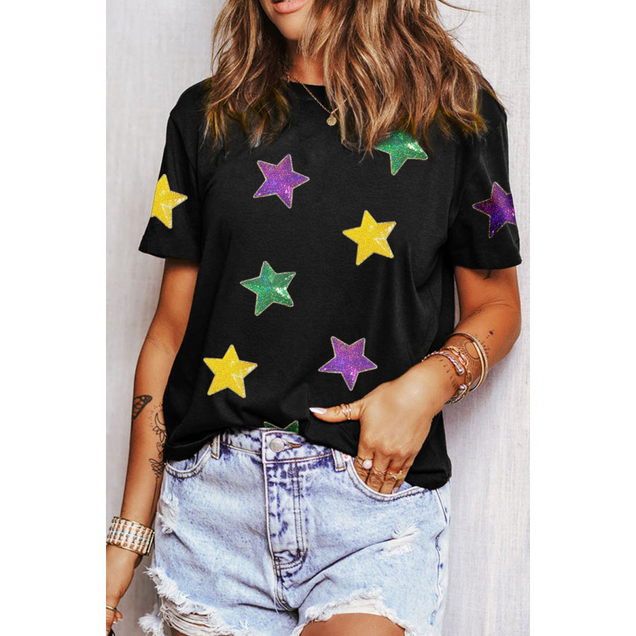 Sequin Stars Patched Round Neck T-Shirt Apparel and Accessories