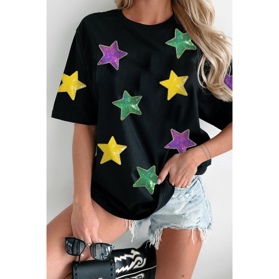 Sequin Stars Patched Round Neck T-Shirt Black / M Apparel and Accessories