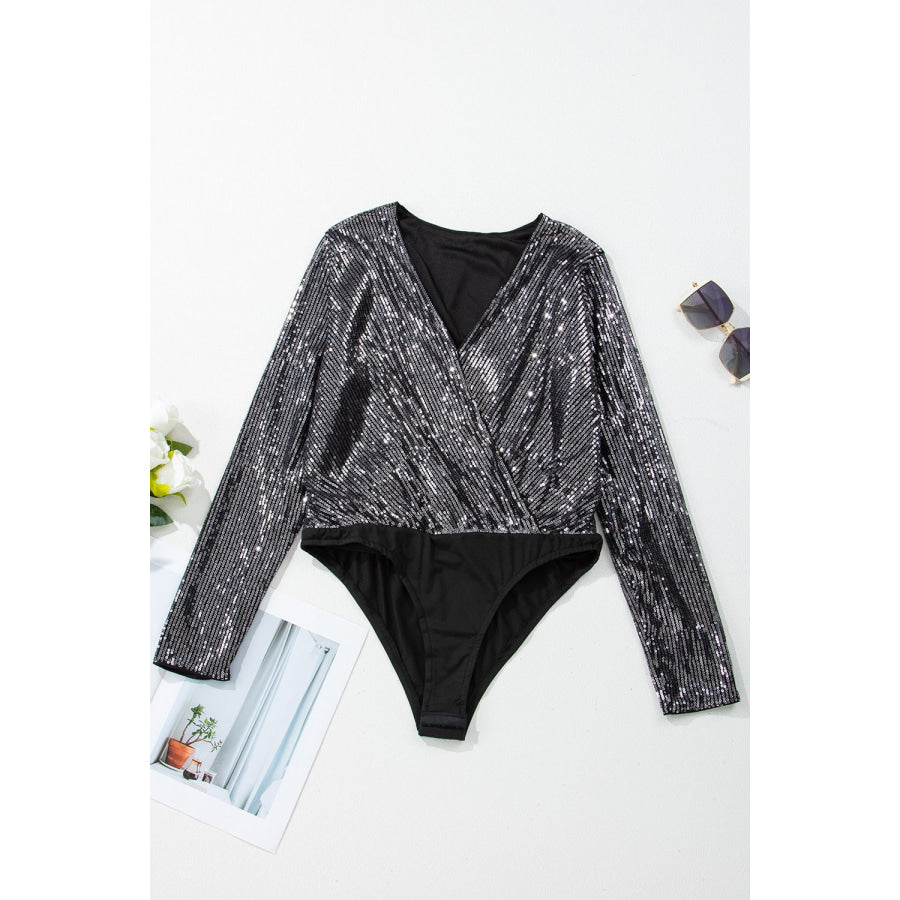 Sequin Surplice Long Sleeve Bodysuit Apparel and Accessories