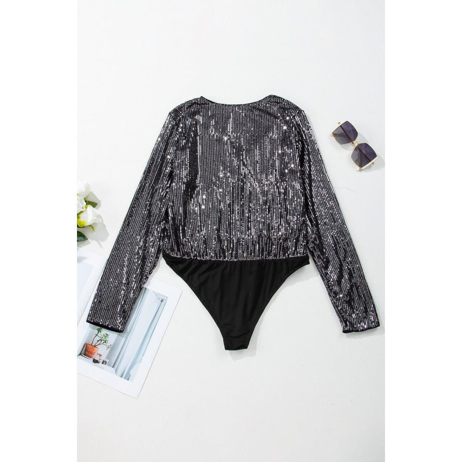 Sequin Surplice Long Sleeve Bodysuit Apparel and Accessories