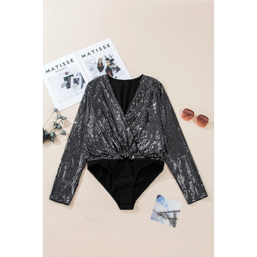 Sequin Surplice Long Sleeve Bodysuit Apparel and Accessories