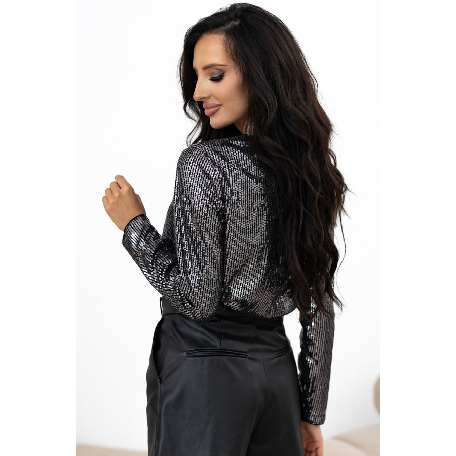 Sequin Surplice Long Sleeve Bodysuit Apparel and Accessories