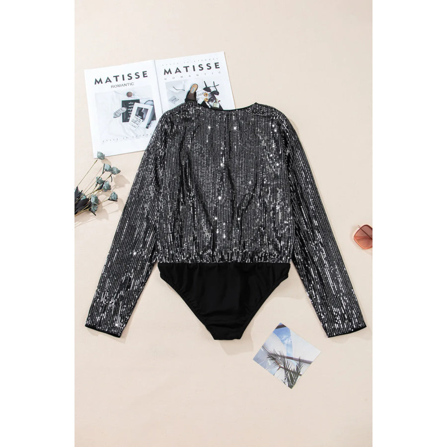 Sequin Surplice Long Sleeve Bodysuit Apparel and Accessories