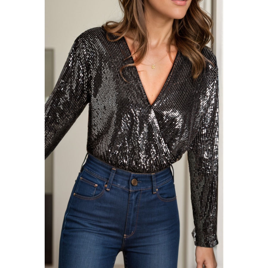 Sequin Surplice Long Sleeve Bodysuit Black / S Apparel and Accessories