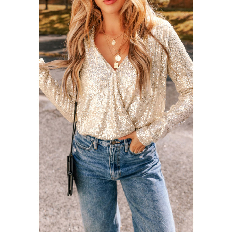 Sequin Surplice Long Sleeve Bodysuit Ivory / S Apparel and Accessories