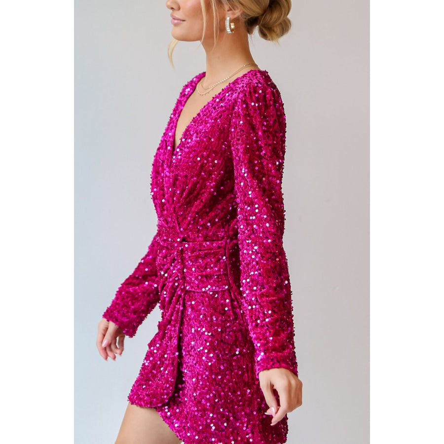 Sequin Surplice Long Sleeve Mini Dress Apparel and Accessories