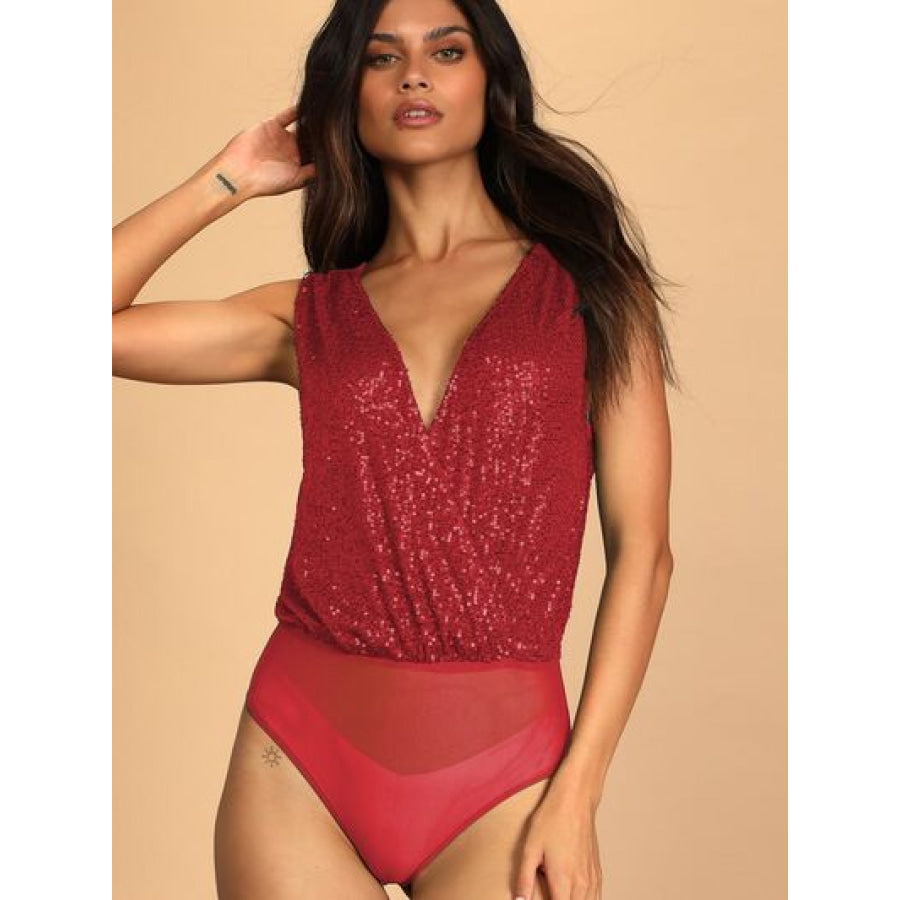 Sequin Surplice Sleeveless Bodysuit Deep Red / S Apparel and Accessories