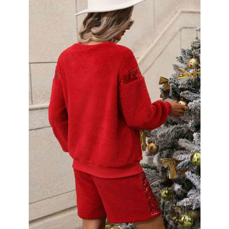 Sequin Teddy Sweatshirt and Shorts Set Red / S