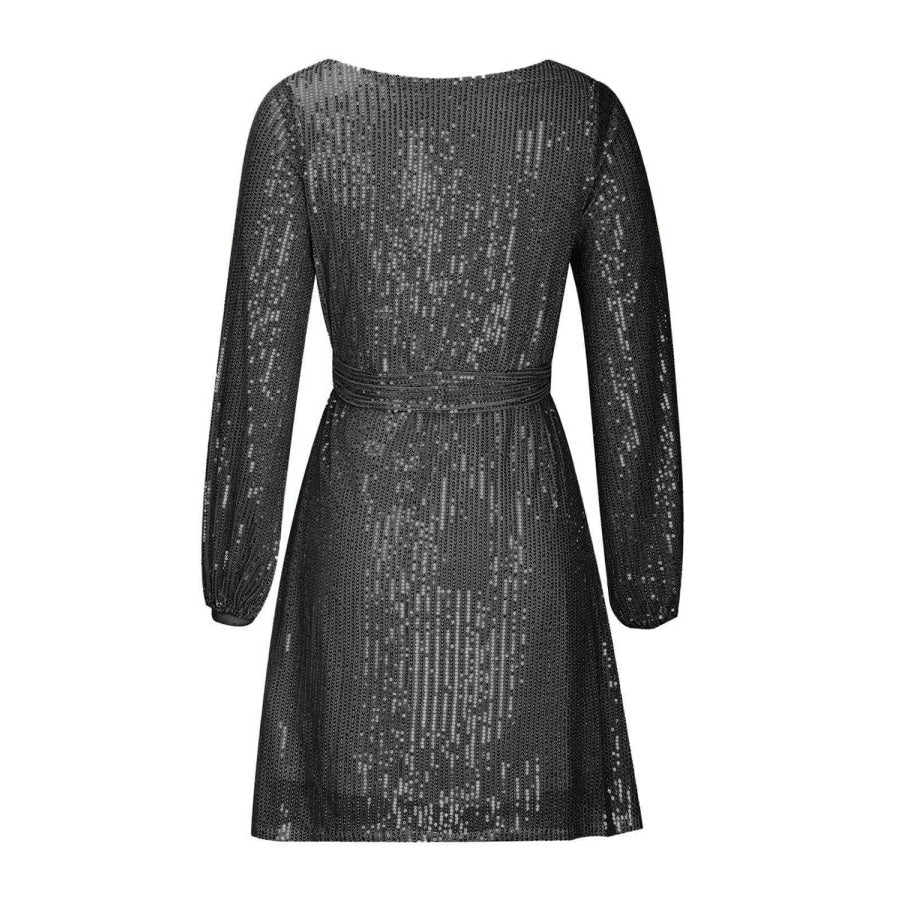 Sequin Tie Waist Long Sleeve Mini Dress Apparel and Accessories