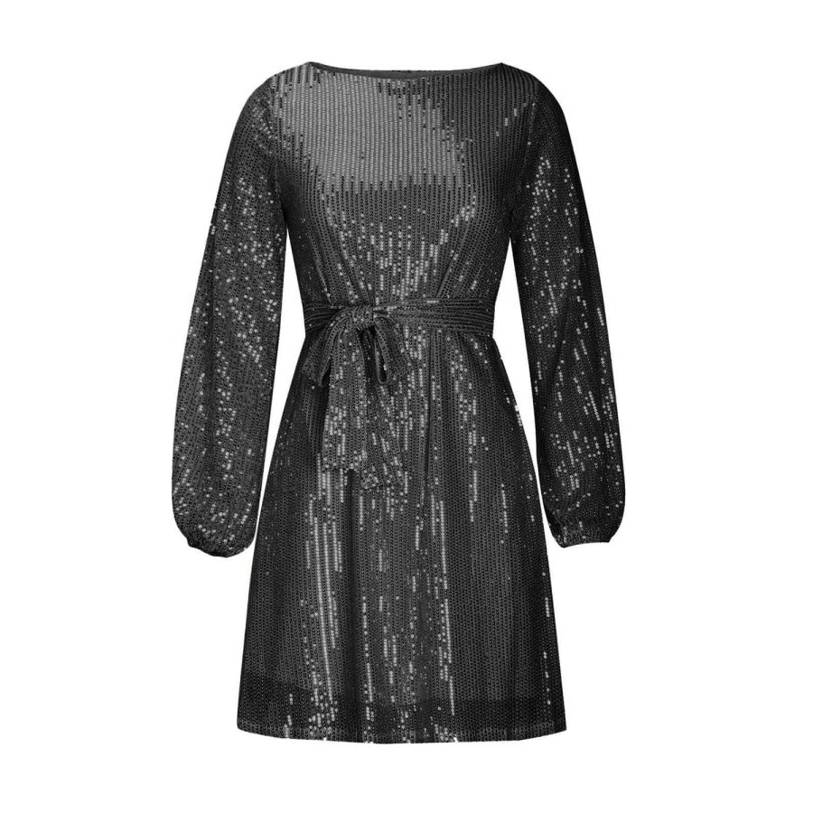 Sequin Tie Waist Long Sleeve Mini Dress Apparel and Accessories