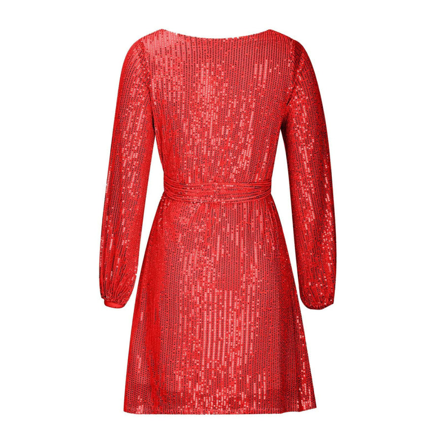 Sequin Tie Waist Long Sleeve Mini Dress Apparel and Accessories