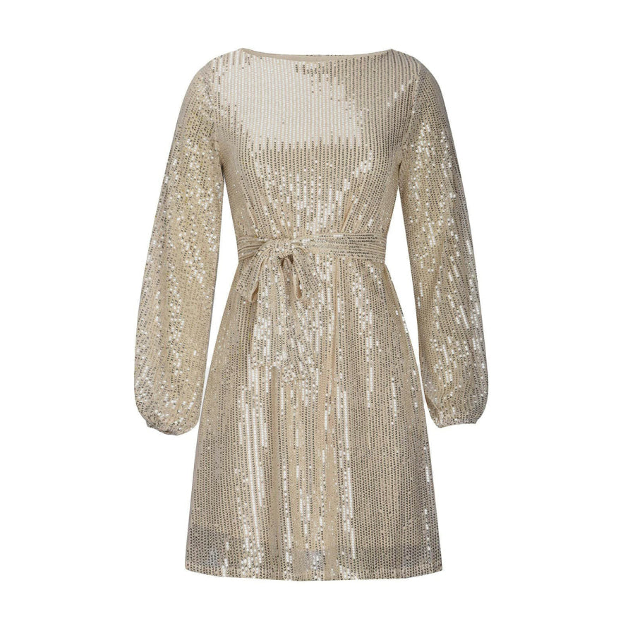 Sequin Tie Waist Long Sleeve Mini Dress Apparel and Accessories