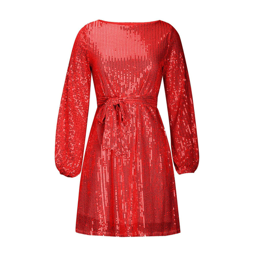 Sequin Tie Waist Long Sleeve Mini Dress Apparel and Accessories