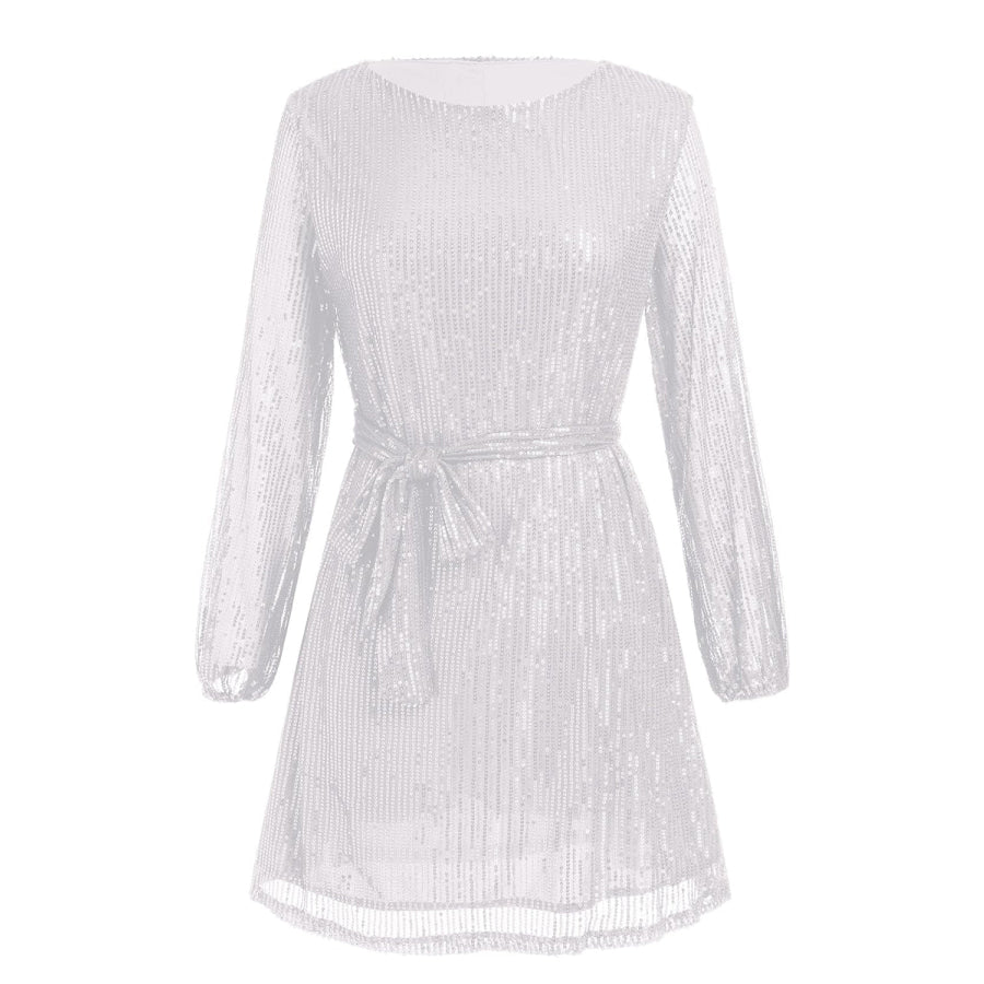 Sequin Tie Waist Long Sleeve Mini Dress Apparel and Accessories