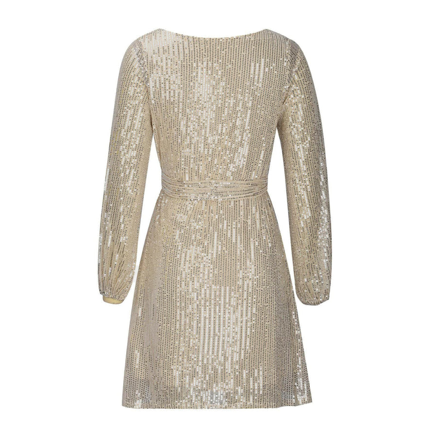 Sequin Tie Waist Long Sleeve Mini Dress Apparel and Accessories