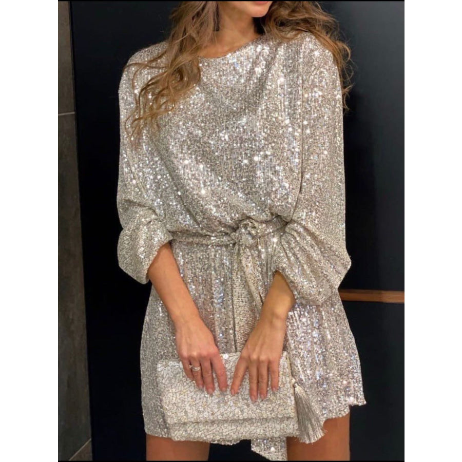 Sequin Tie Waist Long Sleeve Mini Dress Beige / S Apparel and Accessories