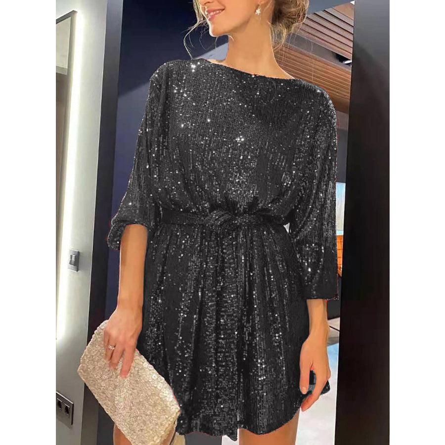 Sequin Tie Waist Long Sleeve Mini Dress Black / S Apparel and Accessories