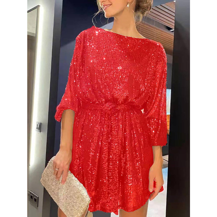 Sequin Tie Waist Long Sleeve Mini Dress Deep Red / S Apparel and Accessories