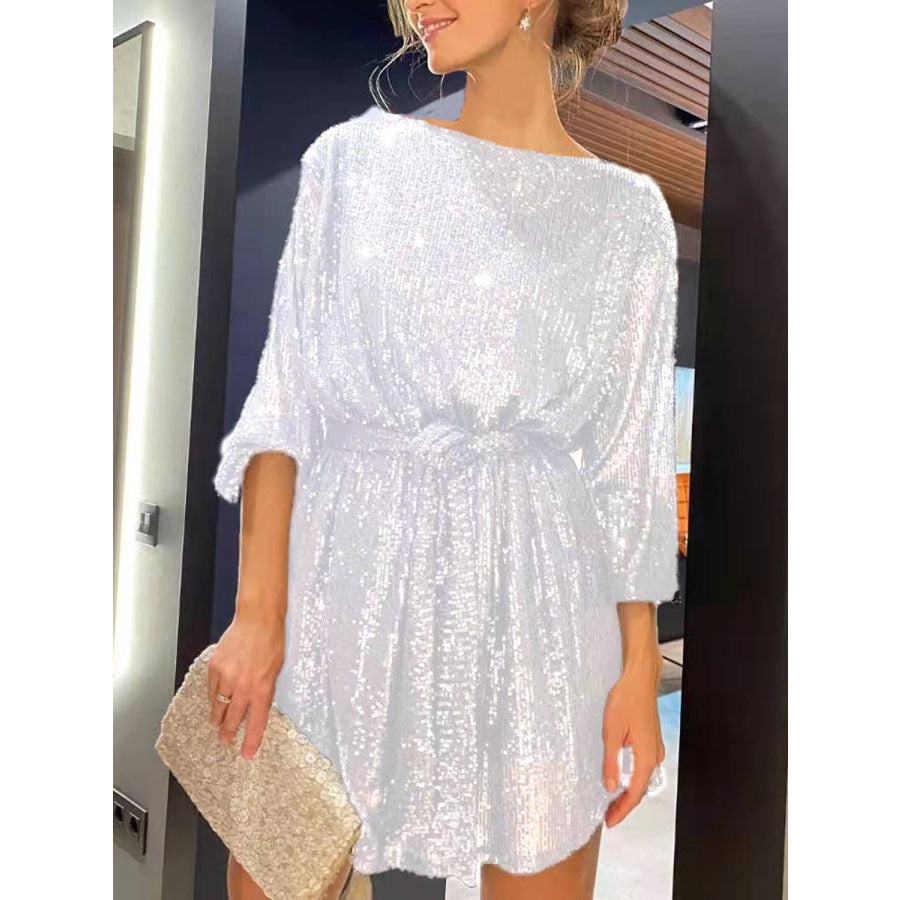 Sequin Tie Waist Long Sleeve Mini Dress White / S Apparel and Accessories