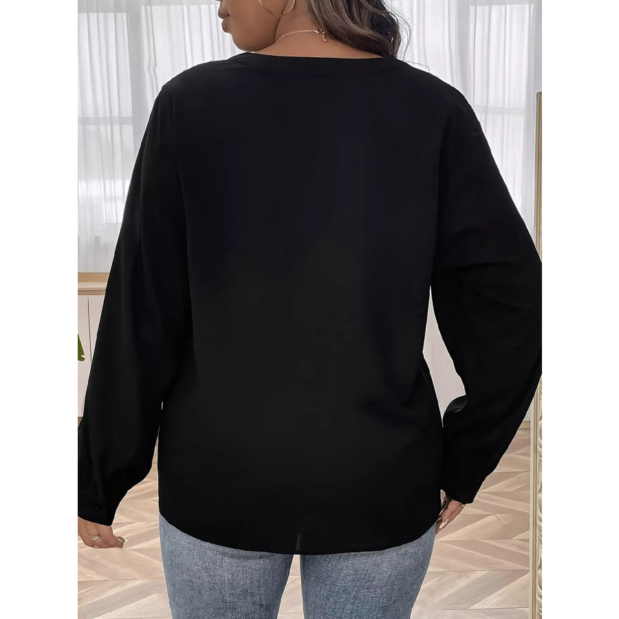 Sequin Trim Notched Long Sleeve Blouse Apparel and Accessories