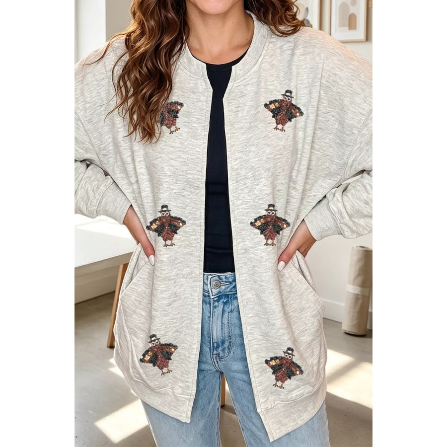 Sequin Turkey Graphic Casual Pocketed Open Front Sweatshirt Light Gray / S Apparel and Accessories