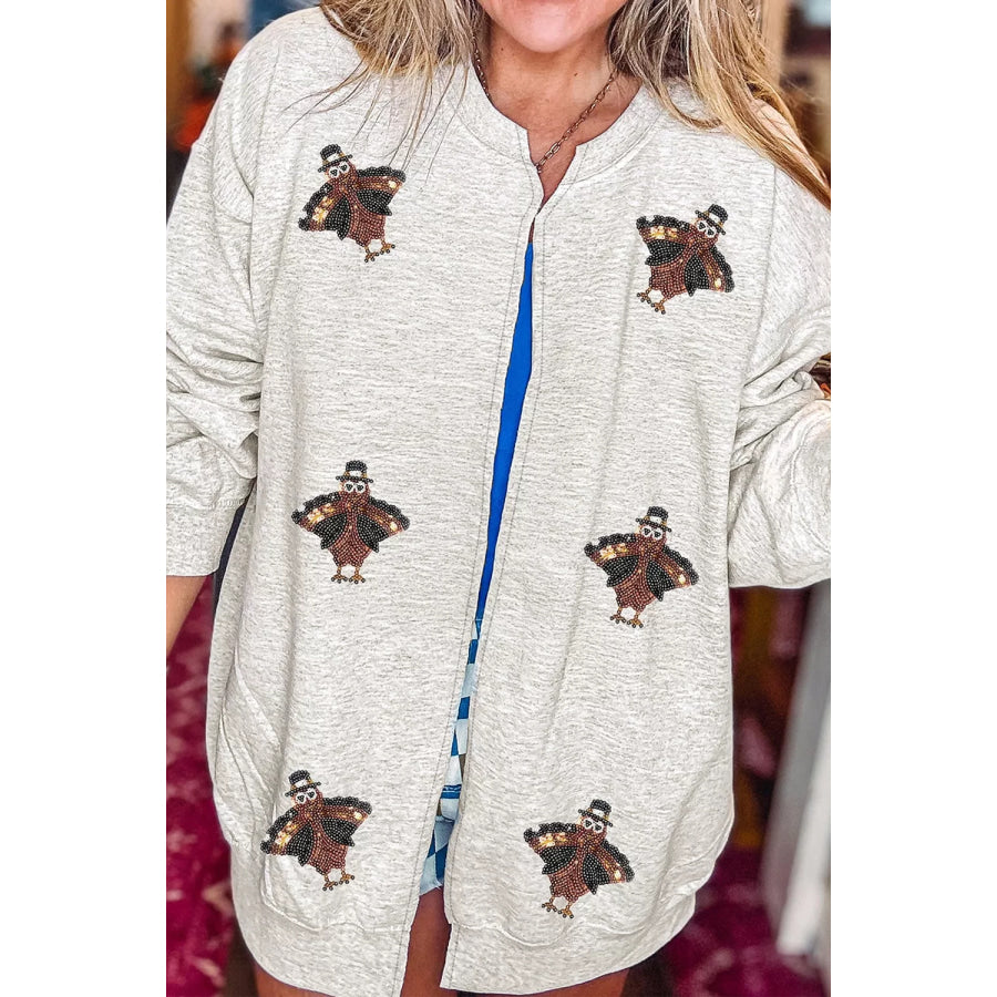 Sequin Turkey Graphic Casual Pocketed Open Front Sweatshirt Apparel and Accessories