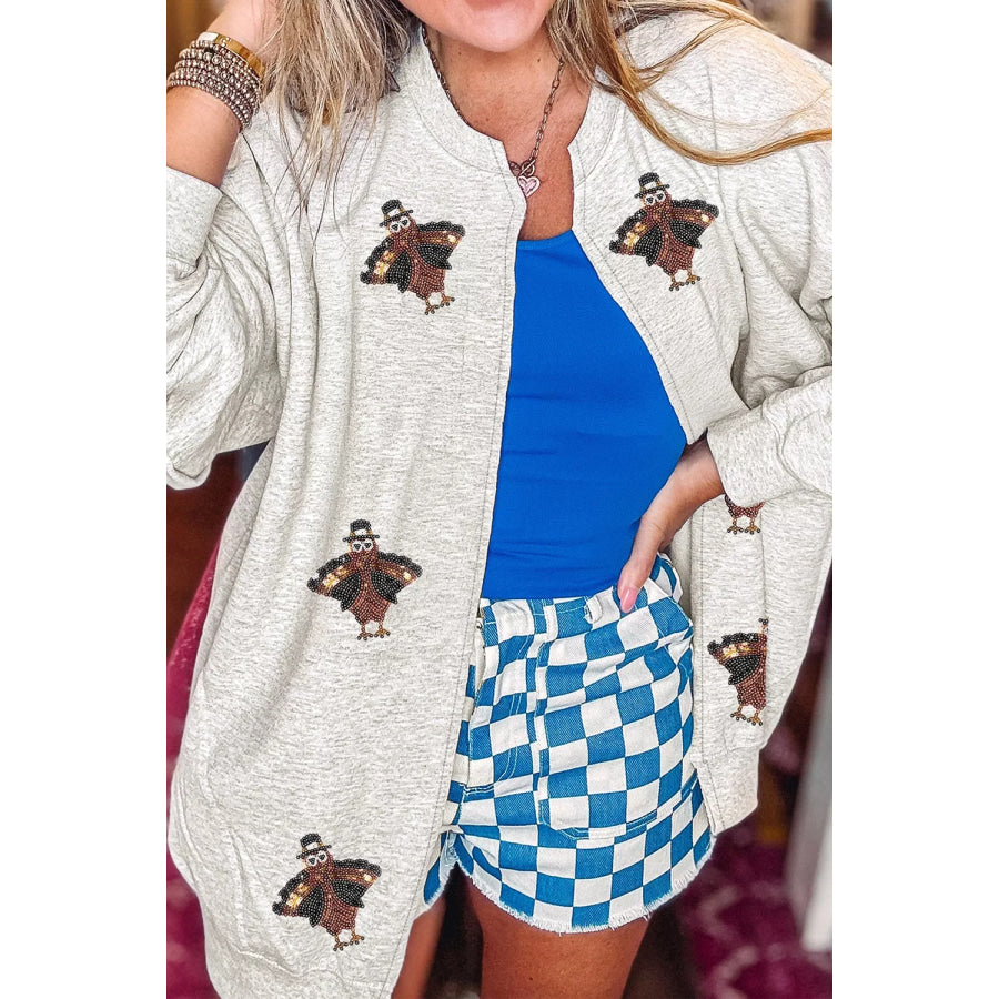 Sequin Turkey Graphic Casual Pocketed Open Front Sweatshirt Light Gray / S Apparel and Accessories